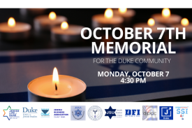 A candle against a background of nearby candles, advertising the Duke Community 10/7 Memorial